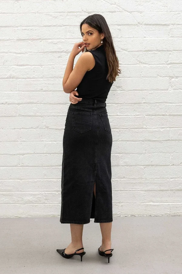 Pala D'oro Sport Black Denim Midi Skirt*Women Skirts & Shorts