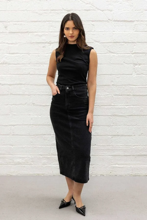 Pala D'oro Sport Black Denim Midi Skirt*Women Skirts & Shorts