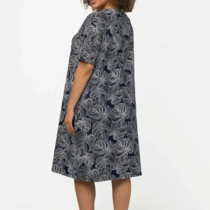 Ulla Popken Black Monstera Print Short Sleeve Midi Dress*Women Dresses