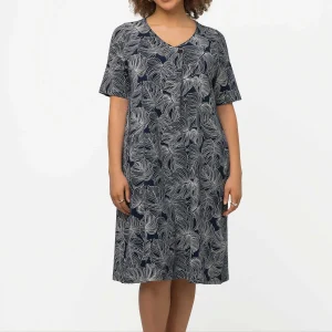 Ulla Popken Black Monstera Print Short Sleeve Midi Dress*Women Dresses