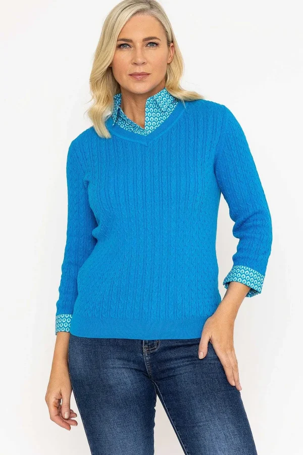 Voulez Vous Blue Cable Knit Sweater With Shirt Collar*Women Jumpers & Cardigans