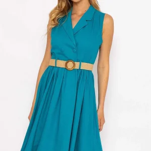 Rowen Avenue Blue Linen Sleeveless Shirt Dress*Women Dresses & Jumpsuits