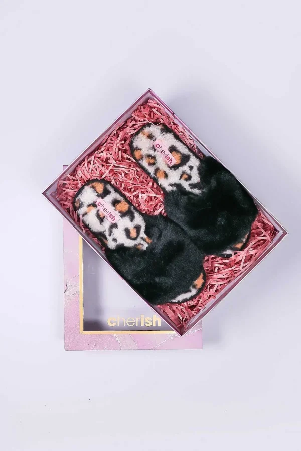 Cherish Accessories Boxed Black Animal Faux Fur Slipper*Women Nightwear