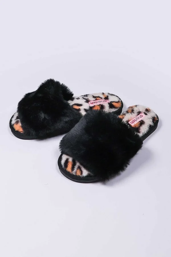 Cherish Accessories Boxed Black Animal Faux Fur Slipper*Women Nightwear