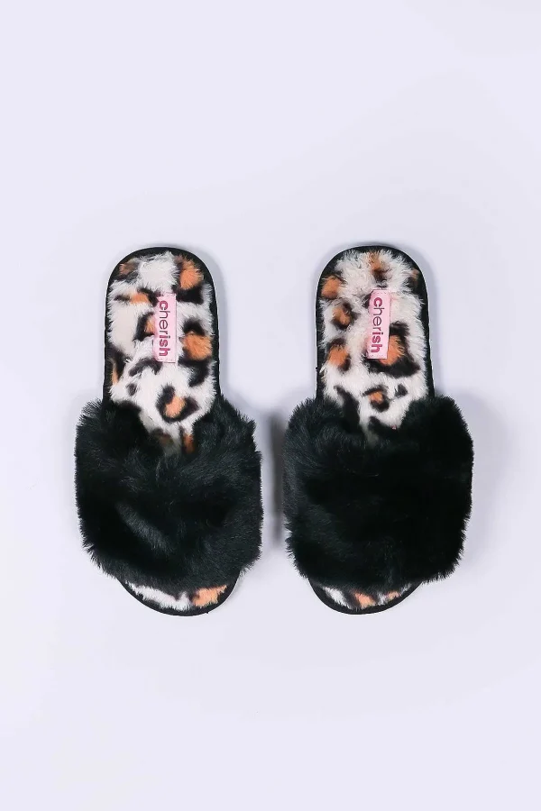 Cherish Accessories Boxed Black Animal Faux Fur Slipper*Women Nightwear