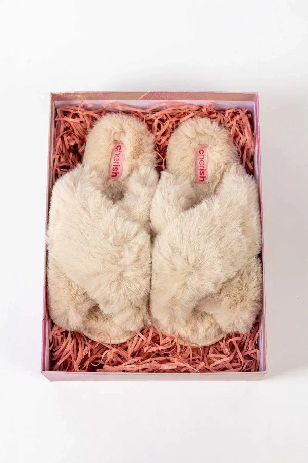 Cherish Accessories Boxed Cream Faux Fur Quilted Slipper*Women Nightwear