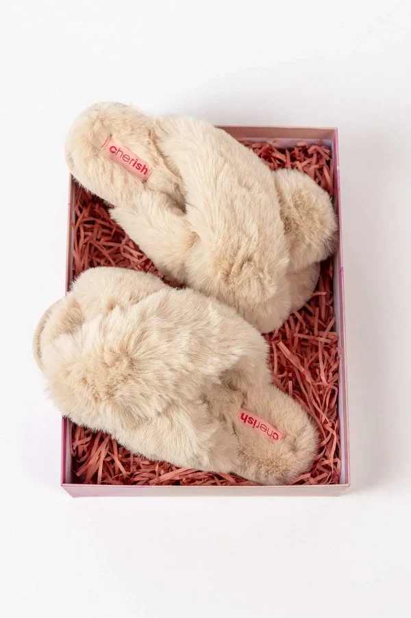 Cherish Accessories Boxed Cream Faux Fur Quilted Slipper*Women Nightwear