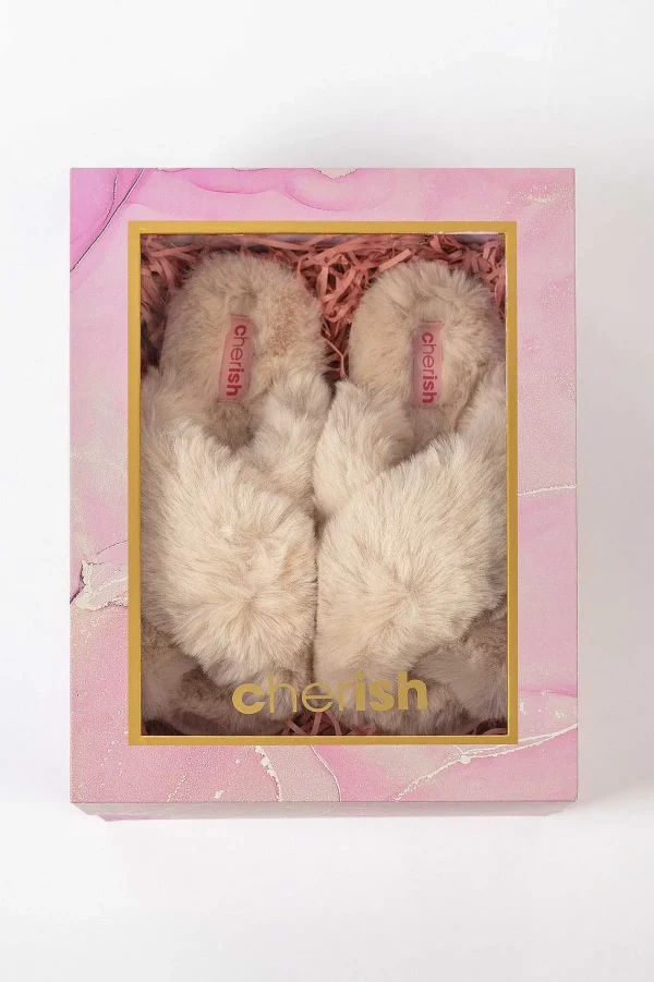 Cherish Accessories Boxed Cream Faux Fur Quilted Slipper*Women Nightwear