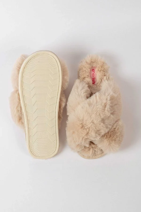 Cherish Accessories Boxed Cream Faux Fur Quilted Slipper*Women Nightwear