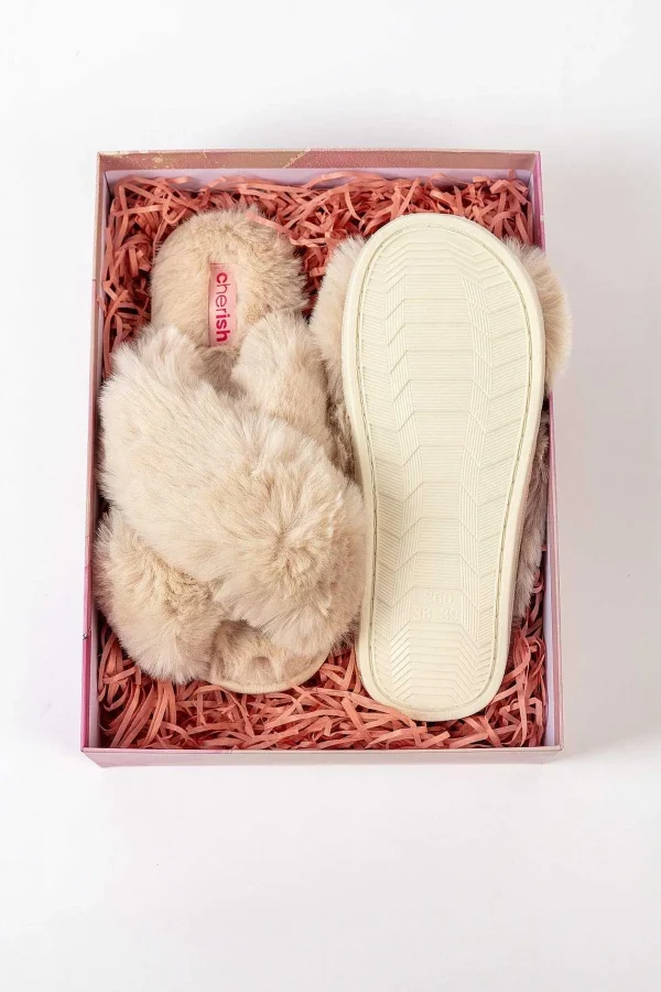 Cherish Accessories Boxed Cream Faux Fur Quilted Slipper*Women Nightwear