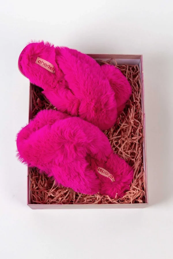 Cherish Accessories Boxed Faux Fur Quilted Slippers In Pink*Women Nightwear