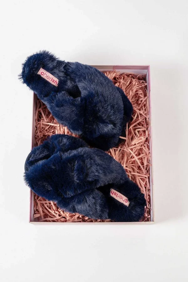 Cherish Accessories Boxed Navy Faux Fur Quilted Slippers*Women Nightwear