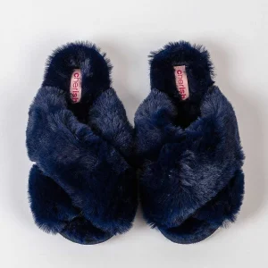 Cherish Accessories Boxed Navy Faux Fur Quilted Slippers*Women Nightwear