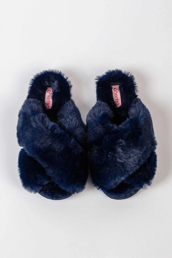 Cherish Accessories Boxed Navy Faux Fur Quilted Slippers*Women Nightwear