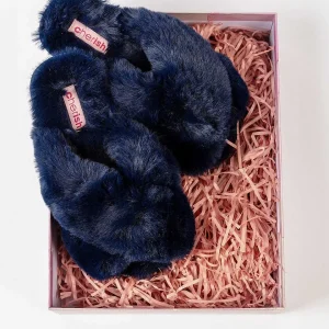 Cherish Accessories Boxed Navy Faux Fur Quilted Slippers*Women Nightwear