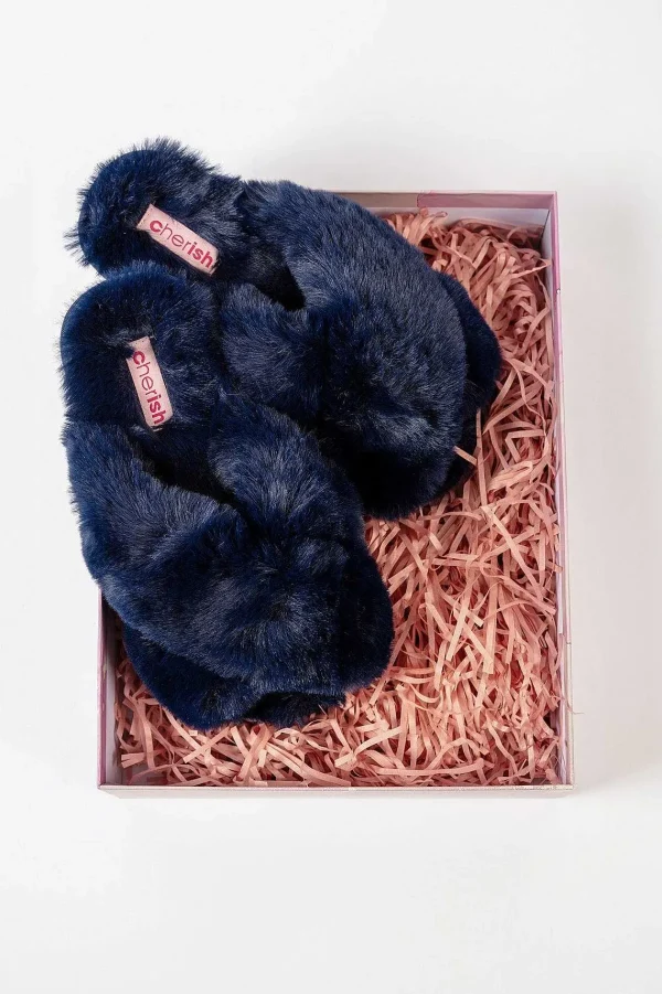 Cherish Accessories Boxed Navy Faux Fur Quilted Slippers*Women Nightwear