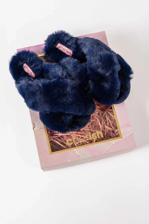 Cherish Accessories Boxed Navy Faux Fur Quilted Slippers*Women Nightwear