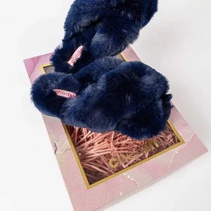 Cherish Accessories Boxed Navy Faux Fur Quilted Slippers*Women Nightwear