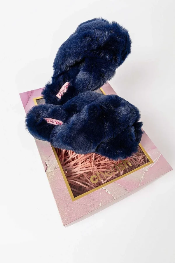 Cherish Accessories Boxed Navy Faux Fur Quilted Slippers*Women Nightwear