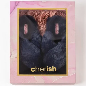 Cherish Accessories Boxed Navy Faux Fur Quilted Slippers*Women Nightwear