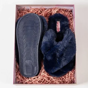 Cherish Accessories Boxed Navy Faux Fur Quilted Slippers*Women Nightwear