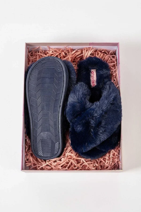 Cherish Accessories Boxed Navy Faux Fur Quilted Slippers*Women Nightwear