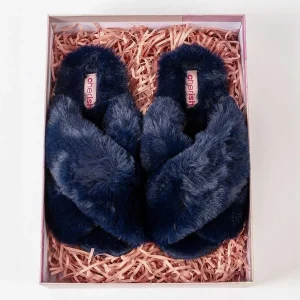 Cherish Accessories Boxed Navy Faux Fur Quilted Slippers*Women Nightwear