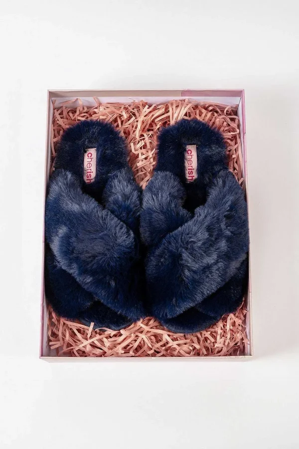 Cherish Accessories Boxed Navy Faux Fur Quilted Slippers*Women Nightwear