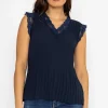 Pala D'oro Cap Sleeve Lace Trim Pleated Top In Navy*Women Tops & Blouses