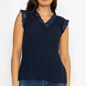 Pala D'oro Cap Sleeve Lace Trim Pleated Top In Navy*Women Tops & Blouses