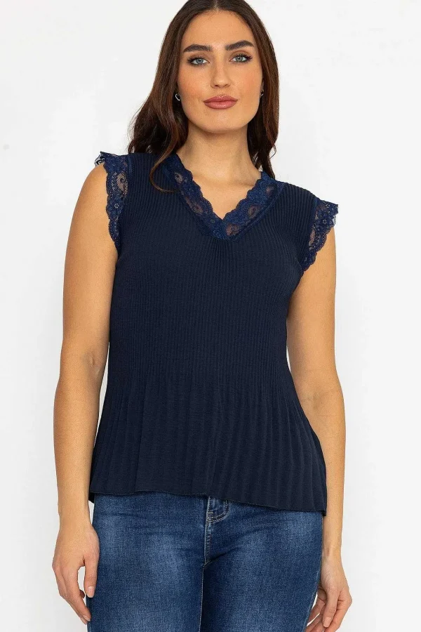 Pala D'oro Cap Sleeve Lace Trim Pleated Top In Navy*Women Tops & Blouses