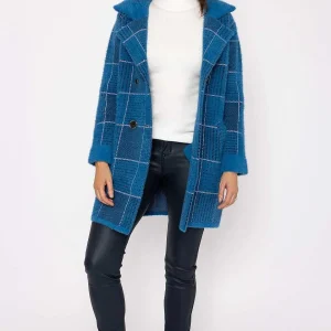 J'aime la Vie Check Buttoned Coatigan In Teal*Women Coats & Jackets