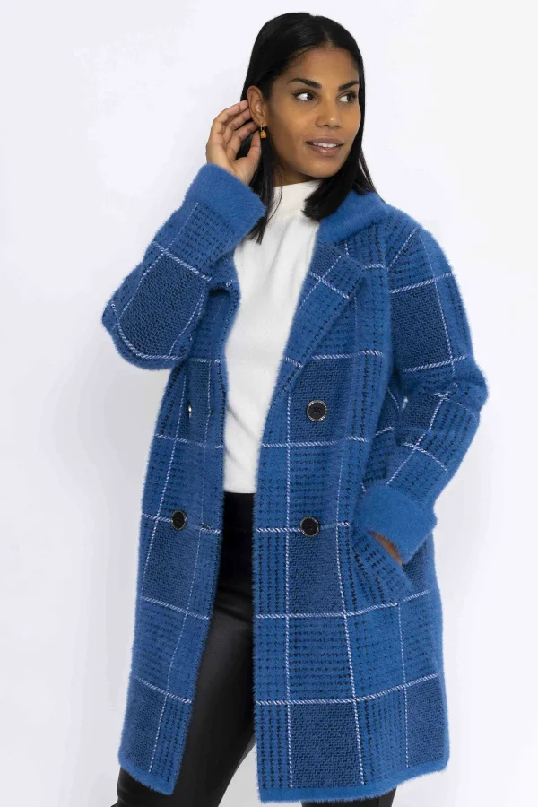 J'aime la Vie Check Buttoned Coatigan In Teal*Women Coats & Jackets