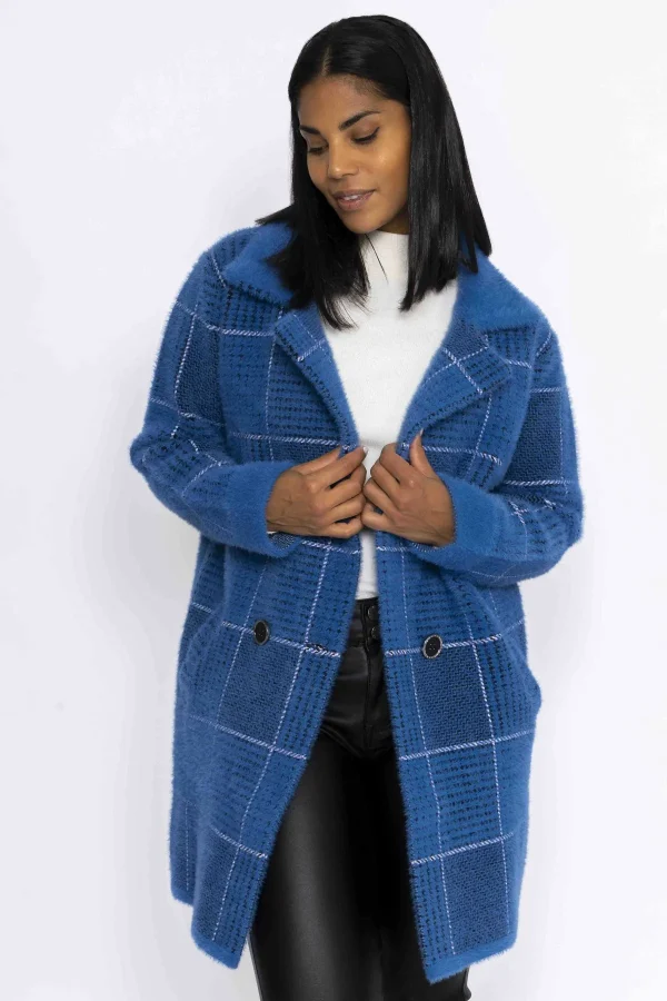 J'aime la Vie Check Buttoned Coatigan In Teal*Women Coats & Jackets