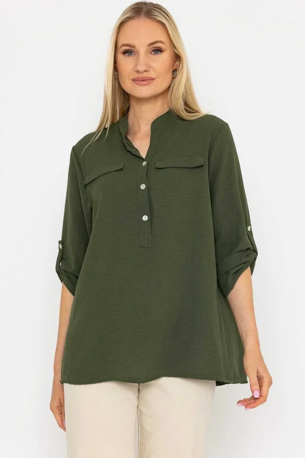 Pala D'oro Collarless Shirt In Khaki*Women Tops & Blouses