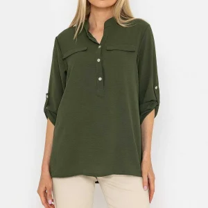 Pala D'oro Collarless Shirt In Khaki*Women Tops & Blouses