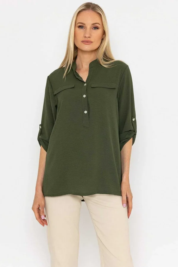 Pala D'oro Collarless Shirt In Khaki*Women Tops & Blouses