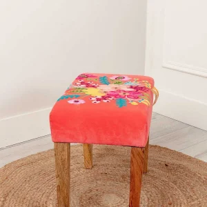 Carraig Donn HOME Coral Velvet Embroidered Floral Foot Stool* Homeware