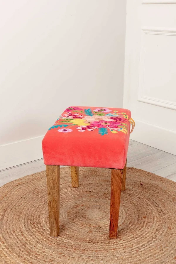 Carraig Donn HOME Coral Velvet Embroidered Floral Foot Stool* Homeware