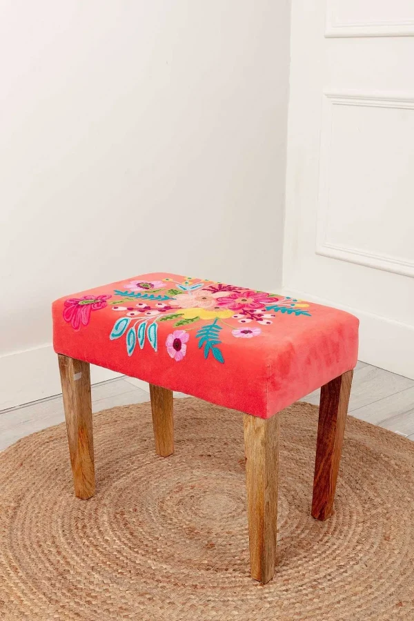 Carraig Donn HOME Coral Velvet Embroidered Floral Foot Stool* Homeware