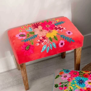 Carraig Donn HOME Coral Velvet Embroidered Floral Foot Stool* Homeware