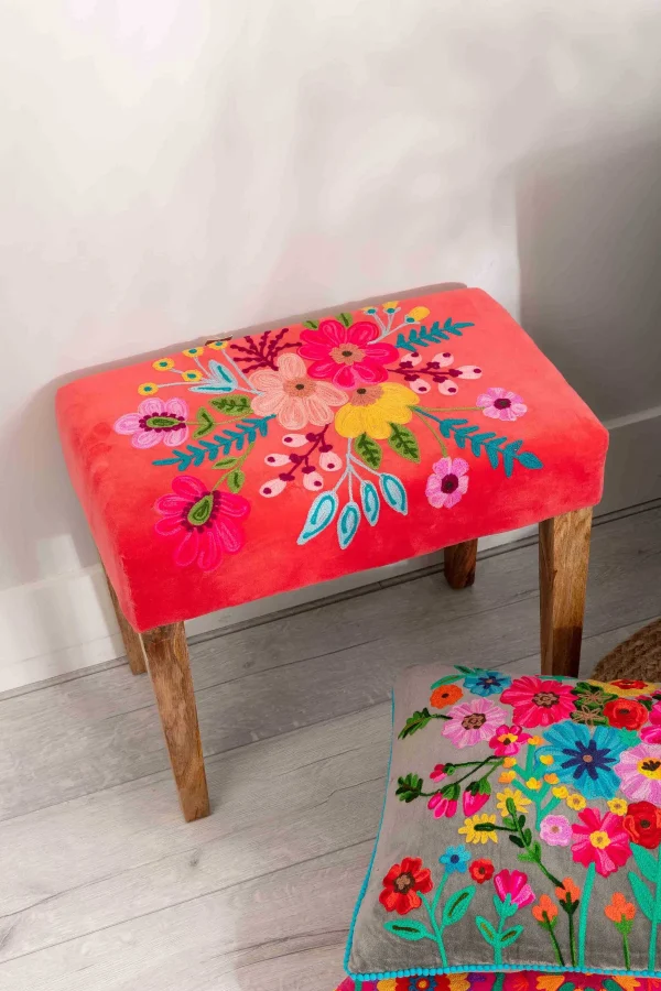 Carraig Donn HOME Coral Velvet Embroidered Floral Foot Stool* Homeware