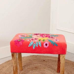 Carraig Donn HOME Coral Velvet Embroidered Floral Foot Stool* Homeware