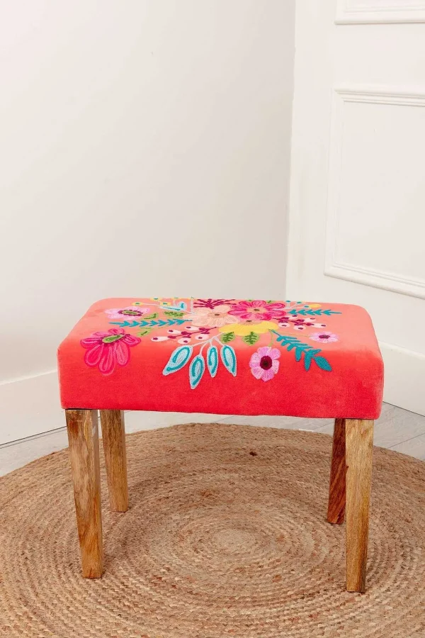 Carraig Donn HOME Coral Velvet Embroidered Floral Foot Stool* Homeware