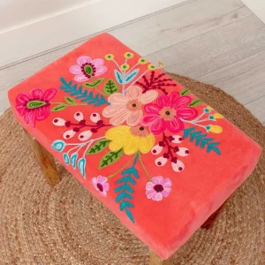 Carraig Donn HOME Coral Velvet Embroidered Floral Foot Stool* Homeware