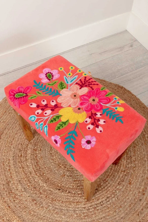 Carraig Donn HOME Coral Velvet Embroidered Floral Foot Stool* Homeware