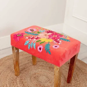 Carraig Donn HOME Coral Velvet Embroidered Floral Foot Stool* Homeware