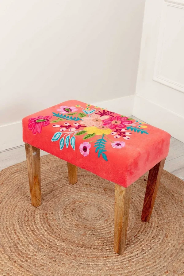 Carraig Donn HOME Coral Velvet Embroidered Floral Foot Stool* Homeware