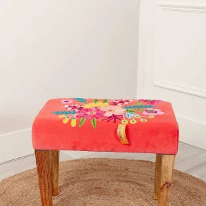 Carraig Donn HOME Coral Velvet Embroidered Floral Foot Stool* Homeware