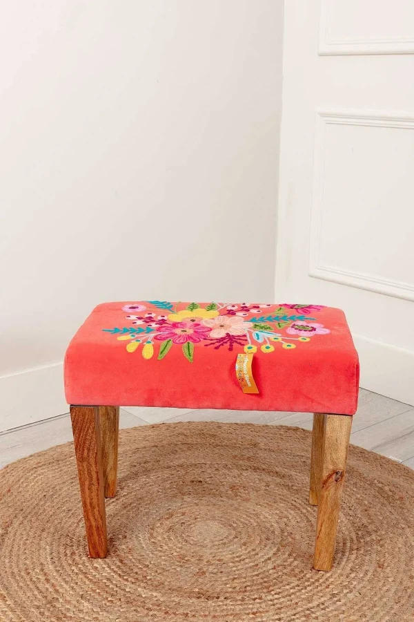 Carraig Donn HOME Coral Velvet Embroidered Floral Foot Stool* Homeware